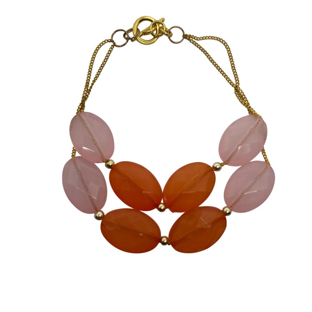 Two Strand Gemstone Bracelet Gold Tone Orange Pink‎ Faceted Beaded Toggle Clasp